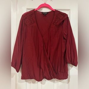 Express Red 3/4 Sleeve Crochet/Lace Faux Wrap Elastic Waist Blouse